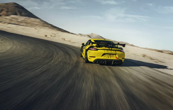 Coupe, speed, Porsche, turn, Cayman, 718, 2019, black-yellow