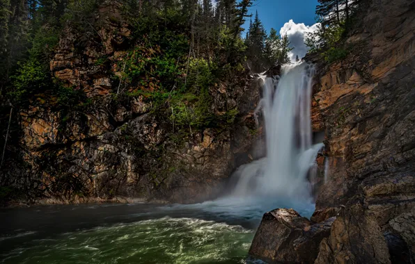 Trees, river, rocks, waterfall, stream, Montana, Glacier National Park, Montana