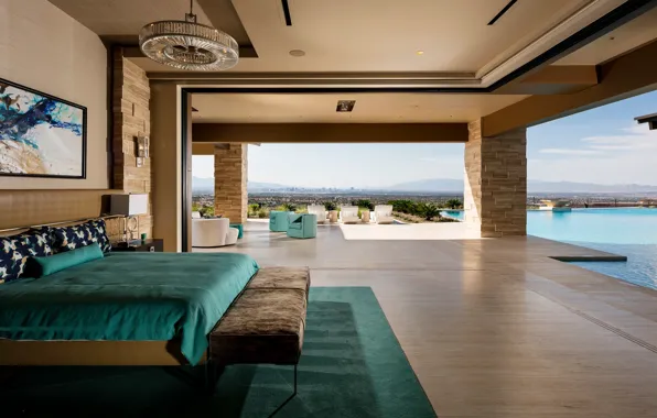 Space, furniture, Villa, interior, pool, bedroom, terrace