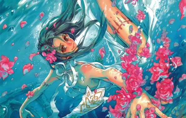 Girl, flowers, bubbles, anime, petals, art, under water, midori foo