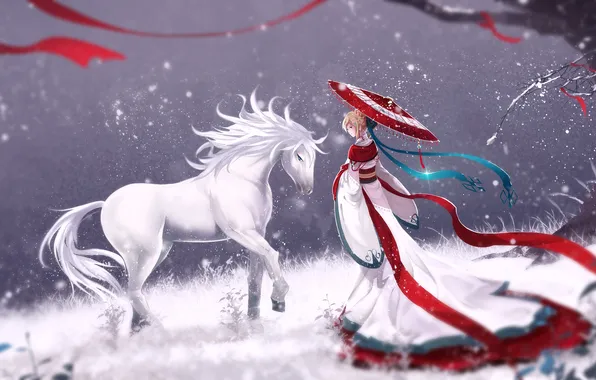 Winter, girl, snow, smile, tree, horse, umbrella, yukata