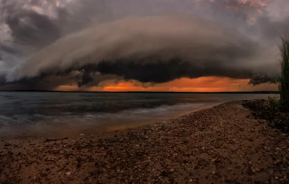 The sky, clouds, lake, river, shore, glow, USA, Michigan