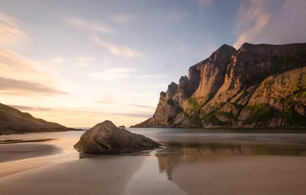 Sand, greens, beach, the sky, stones, rocks, Cirrus clouds, wallpapers