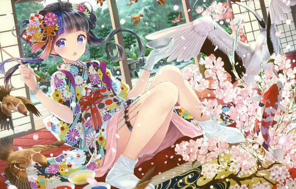 Birds, Girl, Anime, Art, Sparrows, Crane
