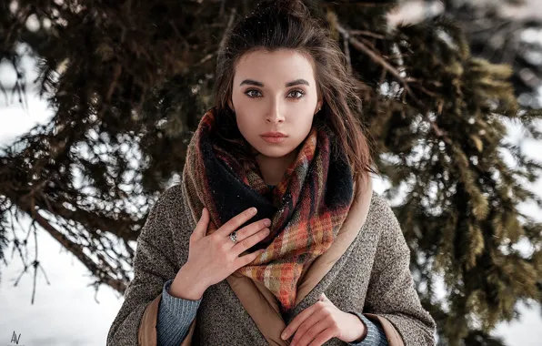 Picture winter, look, girl, snow, scarf, photographer, shawl, Model