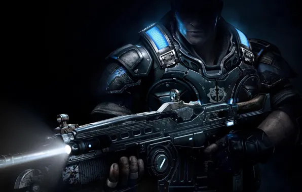 The dark background, weapons, the game, protection, warrior, backlight, machine, game