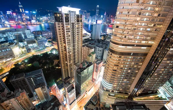 Road, the sky, night, the city, lights, street, building, height