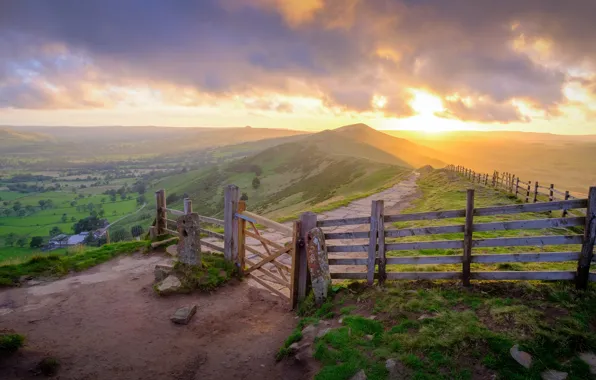The sun, clouds, light, sunset, mountains, fog, stones, dawn