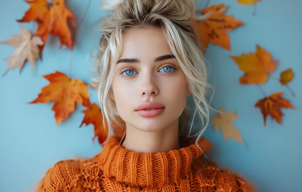 Autumn, look, girl, face, portrait, hairstyle, blonde, blue eyes