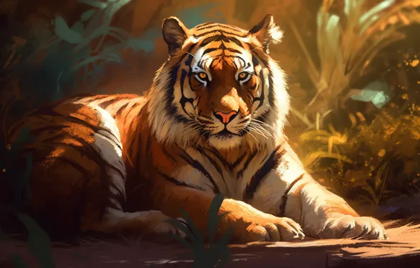 Look, face, tiger, pose, portrait, wild cat, AI art, neural network