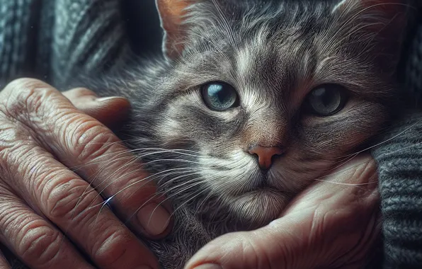 Cat, cat, look, pose, grey, portrait, hands, grandfather