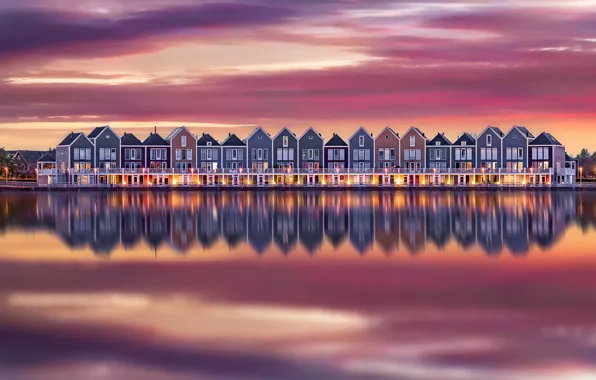 Water, reflection, lights, home, the evening, morning, Netherlands