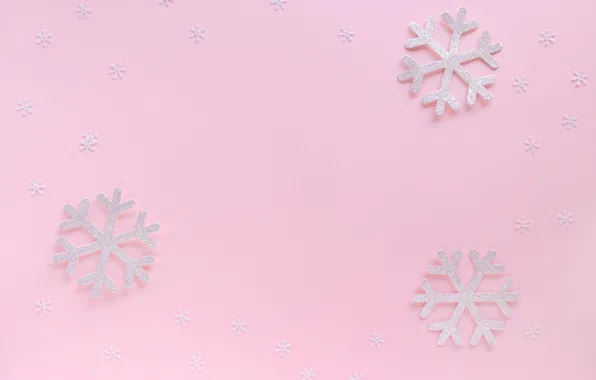 Winter, snowflakes, holiday, Christmas, New year, pink background, Christmas decorations, composition