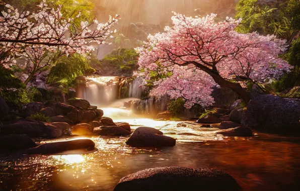 Light, trees, landscape, flowers, branches, nature, fog, stones