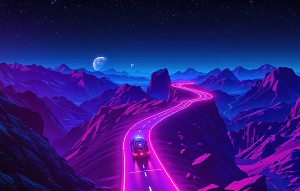 Road, mountains, horizon, car, Mountain, Drive, Retrowave, digitl art