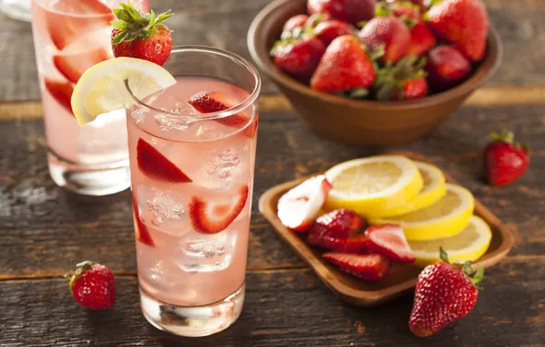 Picture ice, glass, berries, lemon, strawberry, drink, lemonade