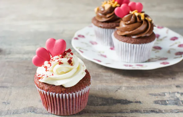 Chocolate, hearts, cake, sweet, decor, cupcakes, sweets