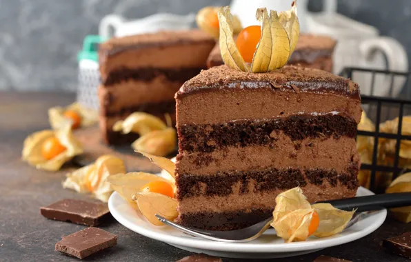 Chocolate, cake, decoration, cream, dessert, a piece of cake