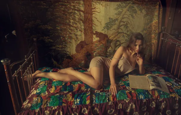 Girl, pose, retro, bed, carpet, legs, journal, reading