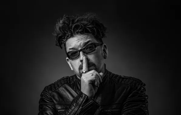 Mustache, photo, black and white, glasses, jacket, male, gesture