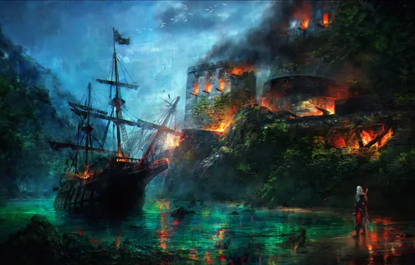 Ship, fortress, burns, assassin, Assassin's Creed, Black Flag, Assassin's Creed IV: Black Flag