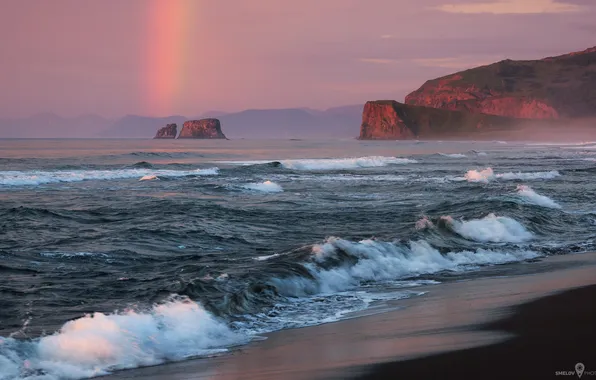 Sea, wave, clouds, rocks, coast, rainbow, surf