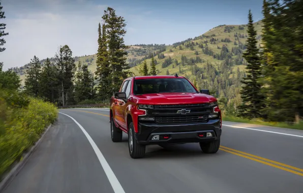Red, Chevrolet, pickup, Silverado, Z71, on the road, Trail Boss, 2019