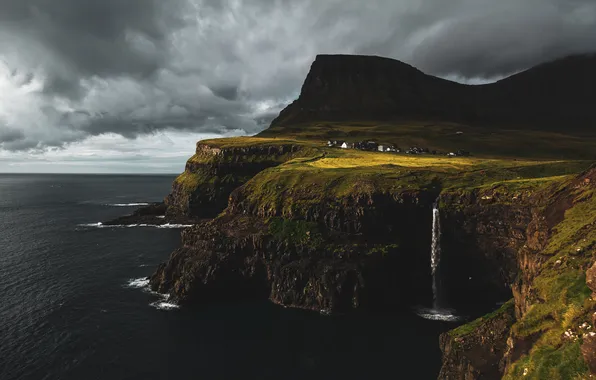 Sea, the sky, grass, clouds, mountains, clouds, open, overcast