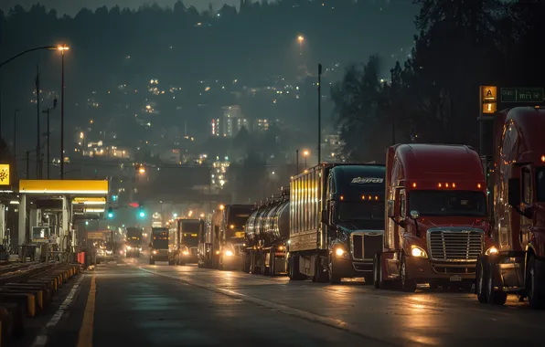 Road, light, trucks, machine, night, the city, lights, movement