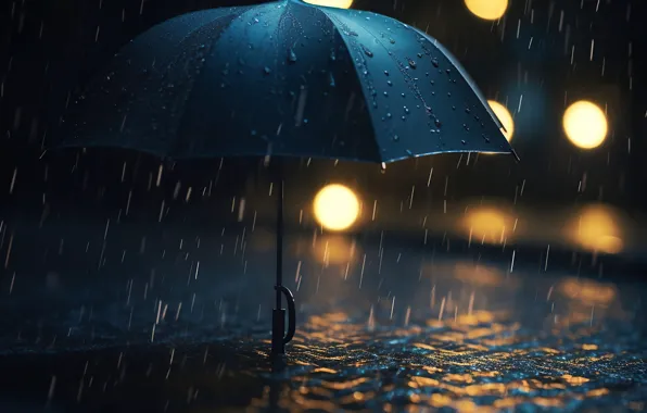 Drops, light, night, lights, umbrella, rain, street, black