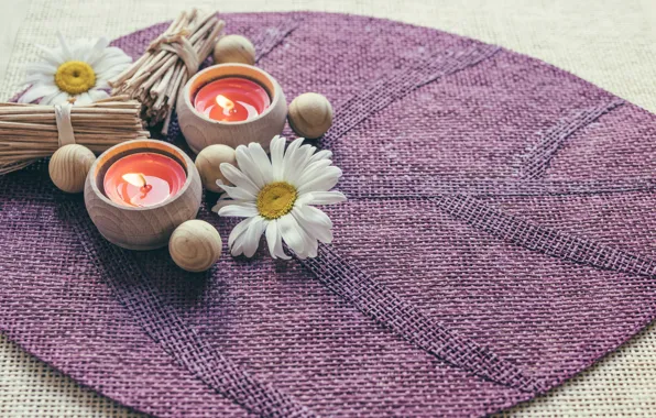 Picture flowers, chamomile, candles, Mat