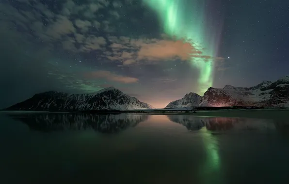 Picture night, reflection, stars, Northern lights