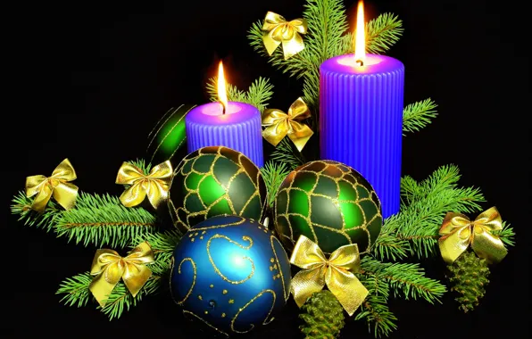 Balls, decoration, pattern, toys, new year, Christmas, candles, bow