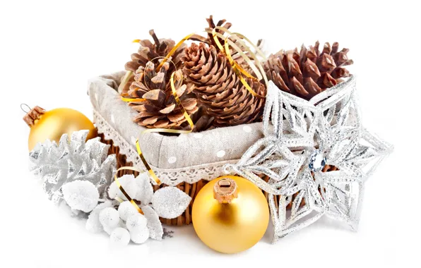 Balls, decoration, balls, the scenery, basket, Christmas, bumps, gold