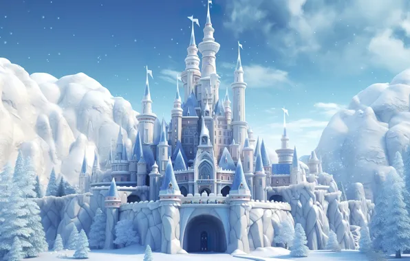 Winter, frost, clouds, snow, trees, mountains, stones, castle