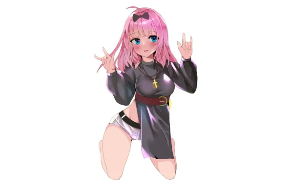 Girl, shorts, pink hair, long hair, legs, boobs, anime, blue eyes
