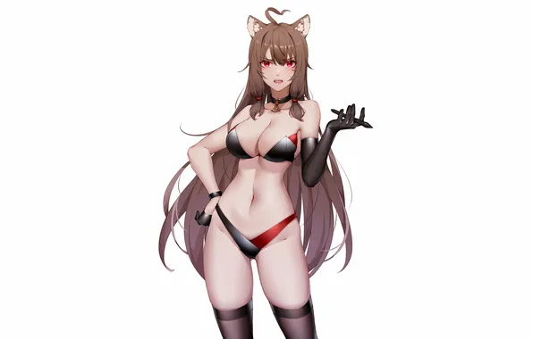 Girl, sexy, cleavage, thighhighs, long hair, brown hair, boobs, animal ears