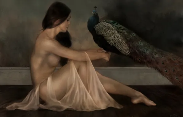 Girl, bird, art, peacock, naked