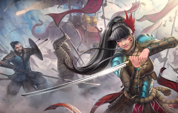 Picture girl, war, elephant, sword, katana, warrior, art, spear