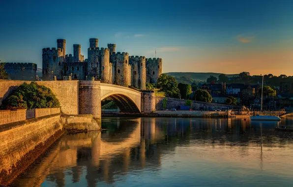 Picture bridge, river, UK, tower, Conwy Castle, the County of Conwy