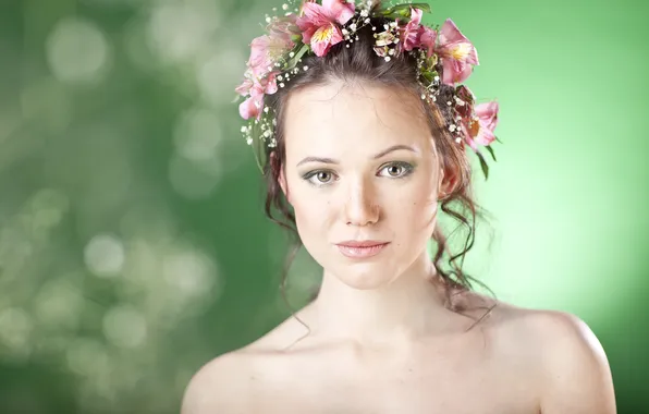 Picture look, girl, flowers, Lily, freckles, wreath