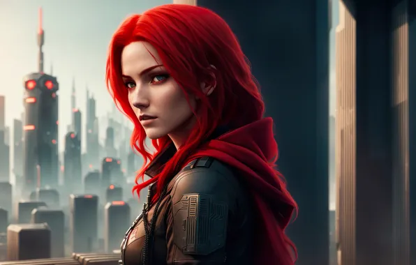 City, future, red hair, art, fantastic, cyberpunk, digital art, Futuristic