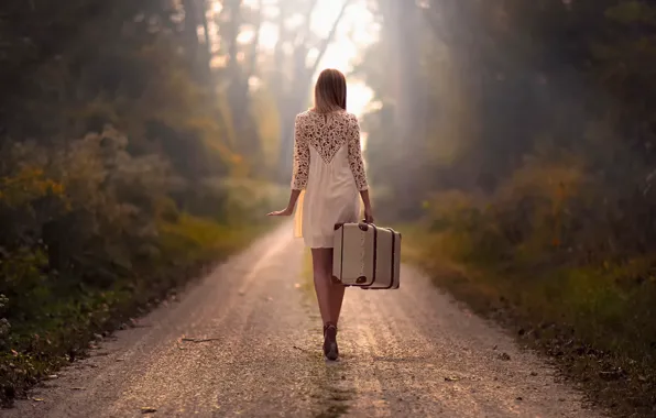 Road, girl, the way, suitcase