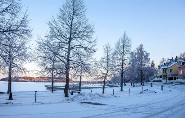 Picture winter, road, snow, trees, lake, home, promenade, Finland