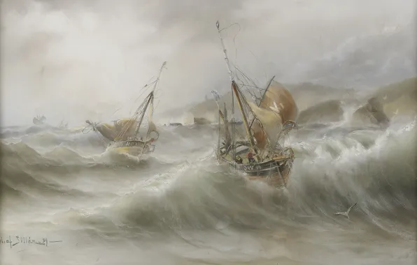 Picture wave, storm, seagulls, Herman Gustav Sillen, The sea and ships, Swedish painting