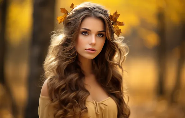 Picture autumn, girl, face, portrait, autumn leaves, AI art, neural network