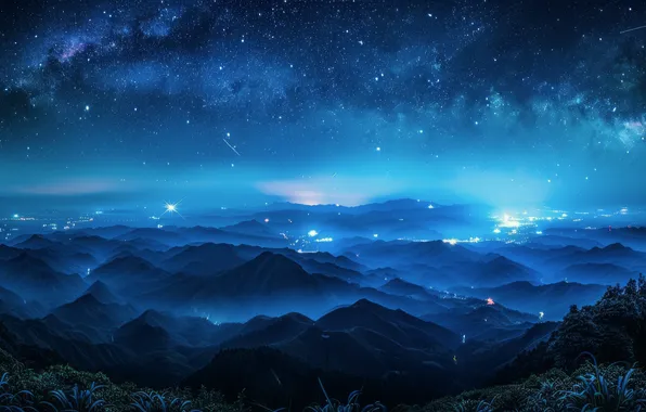 The sky, space, stars, light, mountains, night, lights, fog