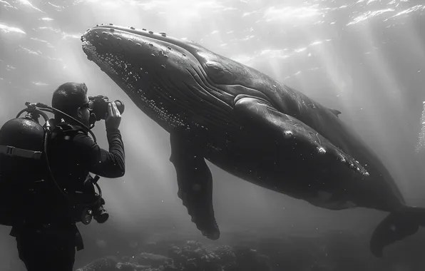 The camera, Kit, The diver, Underwater world, Digital art, Black and white, AI art, The …