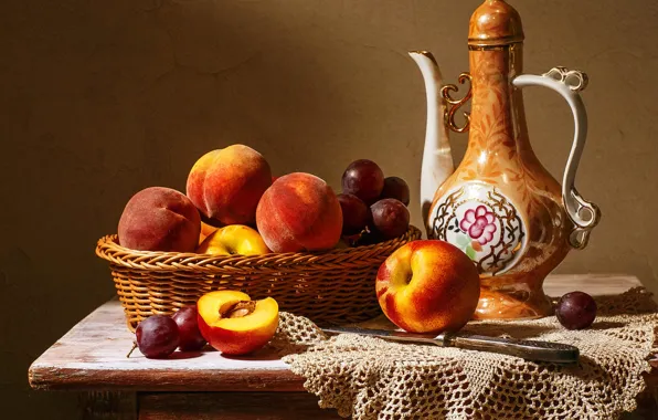 Table, kettle, knife, pitcher, fruit, still life, peaches, plum