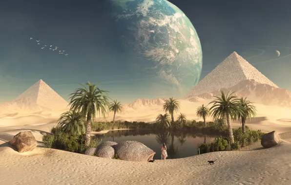 Picture girl, cats, desert, planet, oasis